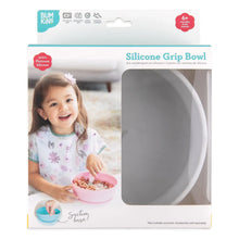 Load image into Gallery viewer, Bumkins Silicone Grip Bowl: Marble in a white packaging box with a photo of a child and a clear window partially displaying the bowl.
