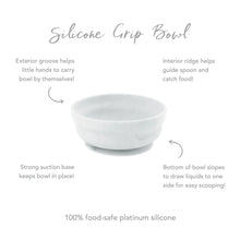 Load image into Gallery viewer, Infographic of Bumkins Silicone Grip Bowl: 100% food-safe platinum silicone, strong suction base, interior ridge, exterior groove.
