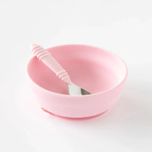 Load image into Gallery viewer, Bumkins Silicone Grip Bowl: Pink sits with a pink spoon inside on a white background.
