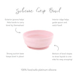 Infographic of Bumkins Silicone Grip Bowl: 100% food-safe platinum silicone, strong suction base, interior ridge, exterior groove.