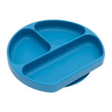 Load image into Gallery viewer, Bumkins Silicone Grip Dish: Dark Blue is a blue round plate with 3 compartments and a suction base, made of food-safe silicone.
