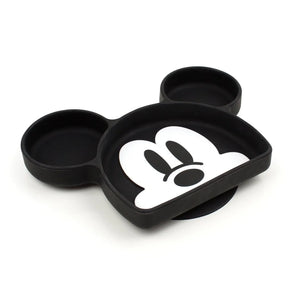 Bumkins Silicone Grip Dish: Mickey Mouse is a black & white Mickey Mouse face-shaped silicone dish with 3 sections and suction base.