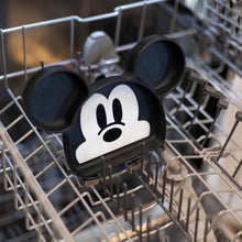 Load image into Gallery viewer, Bumkins Silicone Grip Dish: Mickey Mouse sits in the top rack of an open dishwasher.
