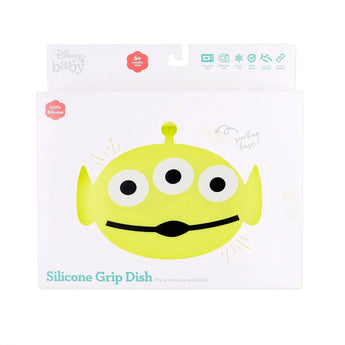 Bumkins Silicone Grip Dish: Toy Story Alien in a white packaging box with an alien-shaped clear window partially displaying the dish.