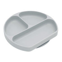 Load image into Gallery viewer, Bumkins Silicone Grip Dish: Gray is a gray round plate with 3 compartments and a suction base, made of food-safe silicone.

