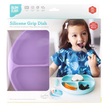 Load image into Gallery viewer, Bumkins Silicone Grip Dish: Lavender in a white packaging box with a photo of a child and a clear window partially displaying the dish.
