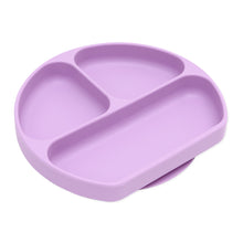 Load image into Gallery viewer, Bumkins Silicone Grip Dish: Lavender is a round dish with 3 compartments and a suction base, made of food-safe silicone.
