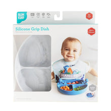 Load image into Gallery viewer, Bumkins Silicone Grip Dish: Marble in a white packaging box with a photo of a child and a clear window partially displaying the dish.
