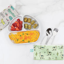 Load image into Gallery viewer, Bumkins Silicone Grip Dish: Marble holds pasta, fruit, and veggies on a marble surface, with green and gray pouches and utensils nearby.
