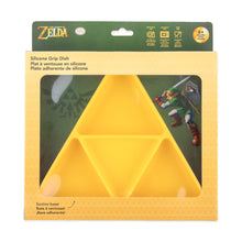 Load image into Gallery viewer, Bumkins Silicone Grip Dish: Zelda™ Triforce is shown in a green and yellow packaging box, with a clear front window displaying the dish.
