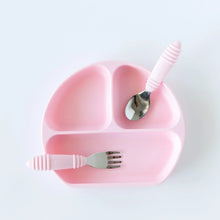 Load image into Gallery viewer, Bumkins Silicone Grip Dish: Pink with matching utensils on top on a white background.
