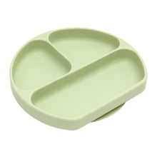 Load image into Gallery viewer, Bumkins Silicone Grip Dish: Sage is a light green round dish with 3 compartments and a suction base, made of food-safe silicone.
