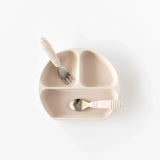 Bumkins Silicone Grip Dish: Sand with matching utensils inside on a white background.