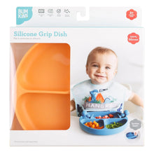 Load image into Gallery viewer, Bumkins Silicone Grip Dish: Tangerine in a white packaging box with a photo of a child and a clear window partially displaying the dish.
