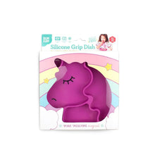 Load image into Gallery viewer, Bumkins Silicone Grip Dish Special Edition: Unicorn in a packaging box with a unicorn-shaped clear window partially displaying the dish.
