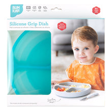 Load image into Gallery viewer, Bumkins Silicone Grip Dish: Blue Jelly in a white packaging box with a photo of a child and a clear window partially displaying the dish.
