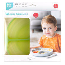 Load image into Gallery viewer, Bumkins Silicone Grip Dish: Green Jelly in a white packaging box with a photo of a child and a clear window partially displaying the dish.
