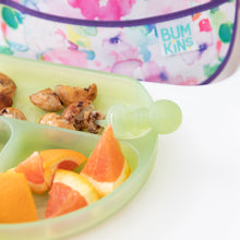 Load image into Gallery viewer, Close-up of a Bumkins Silicone Grip Dish: Green Jelly with orange slices &amp; pancakes and a matching toddler spoon on a high chair tray.
