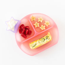 Load image into Gallery viewer, Bumkins Silicone Grip Dish: Pink Jelly filled with banana stars, strawberries, and quiche, with a star cup of yogurt on a white background.
