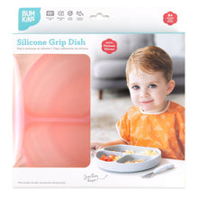 Load image into Gallery viewer, Bumkins Silicone Grip Dish: Pink Jelly in a white packaging box with a photo of a child and a clear window partially displaying the dish.
