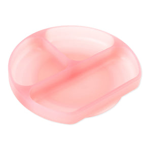 Bumkins Silicone Grip Dish: Pink Jelly is round with three sections, made of LFGB silicone, and has a suction base.