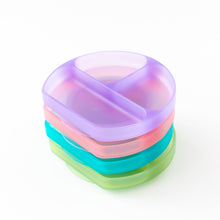 Load image into Gallery viewer, A vibrant stack of dishes on a white background, with Bumkins Silicone Grip Dish: Purple Jelly on top.
