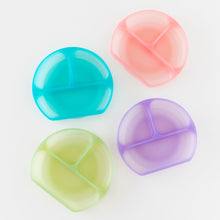 Load image into Gallery viewer, Four dishes, including Bumkins Silicone Grip Dish: Purple Jelly, are arranged on a white background.
