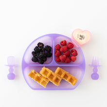 Load image into Gallery viewer, Bumkins Silicone Grip Dish: Purple Jelly with waffles &amp; berries, a cup of yogurt and matching toddler utensils on a white background.

