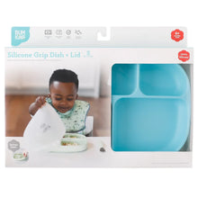 Load image into Gallery viewer, Bumkins Silicone Grip Dish with Lid (5 Section): Blue is shown in a white packaging box with a clear window partially displaying the dish.
