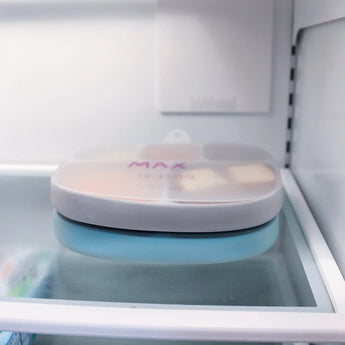 Bumkins Silicone Grip Dish with Lid (5 Section): Gray sits on top of another similar dish on a refrigerator shelf.