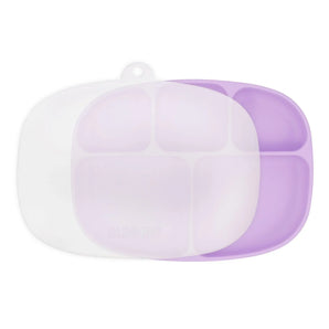 Bumkins Silicone Grip Dish with Lid (5 Section): Lavender features a dish with five sections and suction base, and a transparent stretch lid.