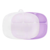 Bumkins Silicone Grip Dish with Lid (5 Section): Lavender features a dish with five sections and suction base, and a transparent stretch lid.