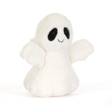 Meet Jellycat Ghost Bob, a plush white ghost with black oval eyes and a smile—perfect for your next collectible!.