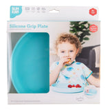 Bumkins Silicone Grip Plate: Blue in a white packaging box with a photo of a child and a clear window partially displaying the dish.