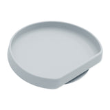 Bumkins Silicone Grip Plate: Gray is a round snack plate with a raised edge and open section, made from food-safe silicone.