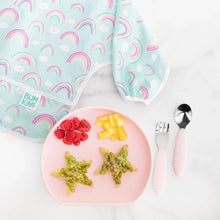 Load image into Gallery viewer, Bumkins Silicone Grip Plate: Pink with star-shaped toast and fruit sits next to utensils and a rainbow-print bib on a marble surface.
