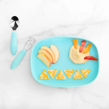 Load image into Gallery viewer, Bumkins Silicone Grip Tray: Blue holds apple slices, hummus, and cheese triangles on a marble background with blue utensils nearby.
