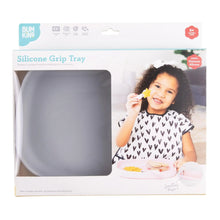 Load image into Gallery viewer, Bumkins Silicone Grip Tray: Gray in a white packaging box with a photo of a child and a clear window partially displaying the dish.
