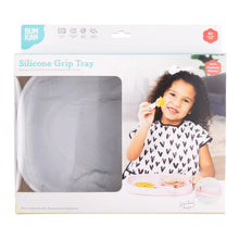 Load image into Gallery viewer, Bumkins Silicone Grip Tray: Marble in a white packaging box with a photo of a child and a clear window partially displaying the dish.
