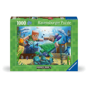 1000 Piece Puzzle, Minecraft Mosaic: green box with cartoon character illustrations; text "1000 Ravensburger Puzzle" with Minecraft logo.