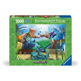1000 Piece Puzzle, Minecraft Mosaic: green box with cartoon character illustrations; text "1000 Ravensburger Puzzle" with Minecraft logo.