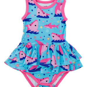 Gwen Birdie Twirl by Birdie Bean: Blue bamboo viscose baby dress with pink trim featuring sharks, starfish, and bubbles.