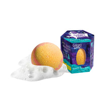 Load image into Gallery viewer, A colorful Galaxy Bath Bomb by Loot Toys sits next to its space-themed hexagonal box, surrounded by white bubbles.
