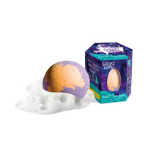 Load image into Gallery viewer, Colorful, plant-based Bath Bombs Galaxy by Loot Toys with a celestial theme, nestled in white foam bubbles near their matching hex box.
