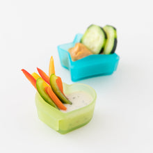Load image into Gallery viewer, Bumkins Silicone Little Dipper Combo 2 Pack: Aqua Jelly holds veggies and dip on a white background.

