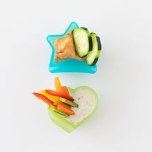 Load image into Gallery viewer, Bumkins Silicone Little Dipper Combo 2 Pack: Aqua Jelly holds veggies and dip on a white background.
