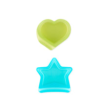 Load image into Gallery viewer, Bumkins Silicone Little Dipper Combo 2 Pack: Aqua Jelly features green heart and blue star silicone cups, perfect for purees and sauces.
