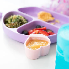 Load image into Gallery viewer, Close-up of a purple divided plate with salad and fruit, with a pink Bumkins Silicone Little Dipper 3-Pack: Lollipop with applesauce.

