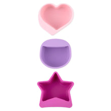 Load image into Gallery viewer, Bumkins Silicone Little Dipper 3-Pack: Lollipop includes pink heart, purple circle, and fuchsia star cups made of food-safe silicone.
