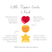 Load image into Gallery viewer, Infographic of Bumkins Silicone Little Dipper 3-Pack: 100% food-safe platinum silicone, attaches to most dishware, perfectly sized for sauces.
